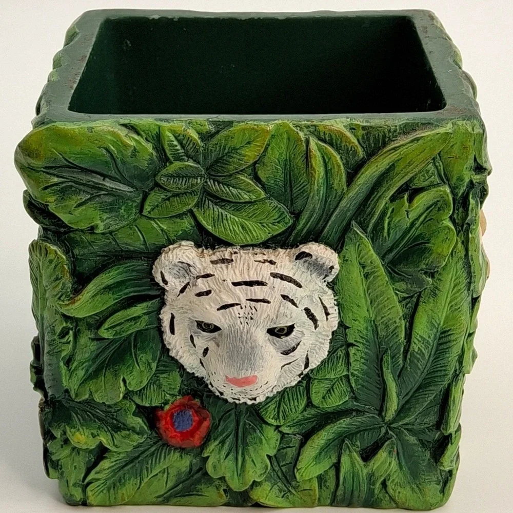 Vtg Kmart Jungle Rainforest Animals Jar/Planter/Bathroom Collection Green Leaves